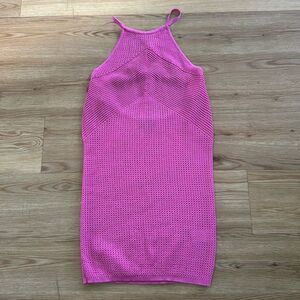 Express Womens Pink High Neck Crochet Dress Large Criss Cross Back Cover Up Boho